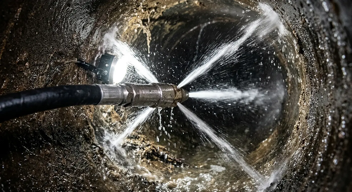 High-pressure hydro jetting nozzle cleaning sewer pipe for Emergency Drain Service in Hanover
