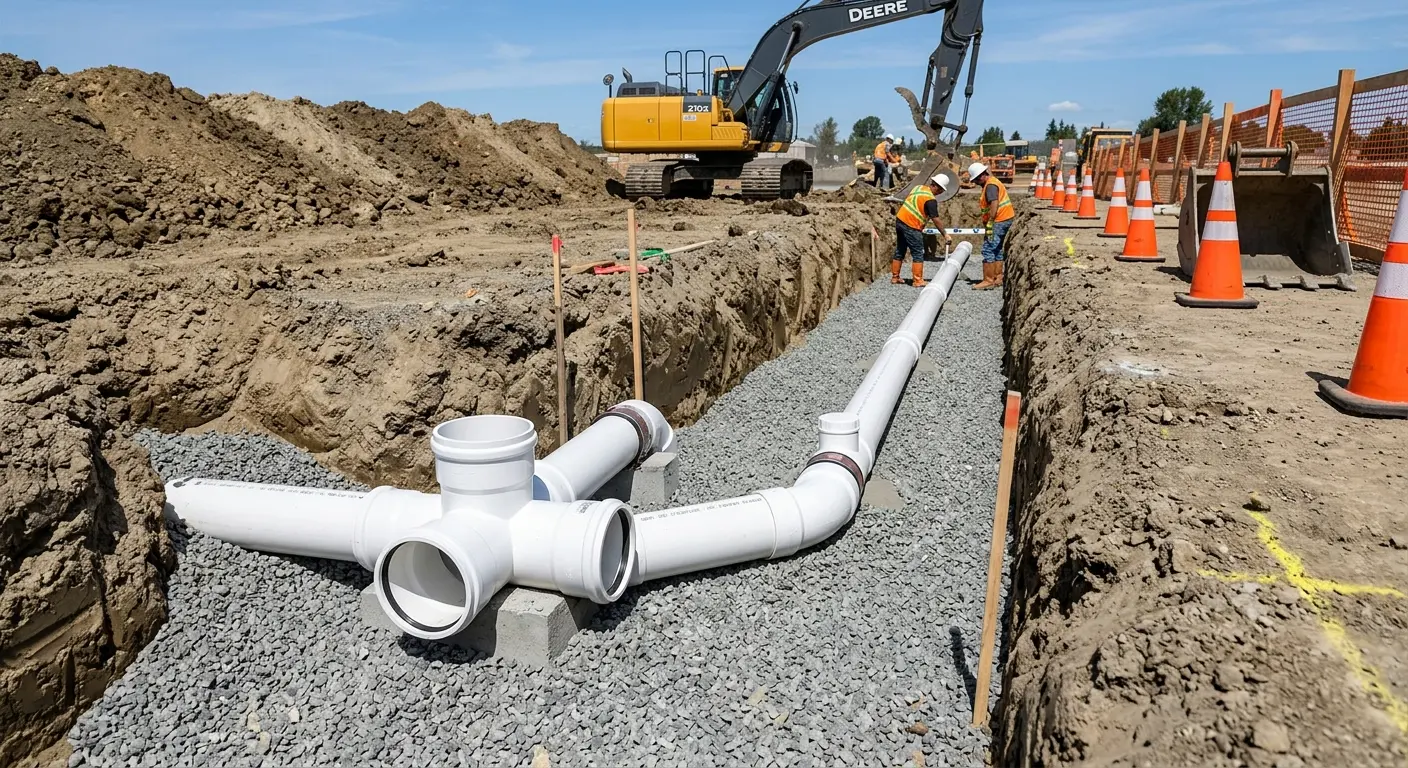 New PVC sewer pipe installation in open trench for Grease Trap Cleaning in Hanover