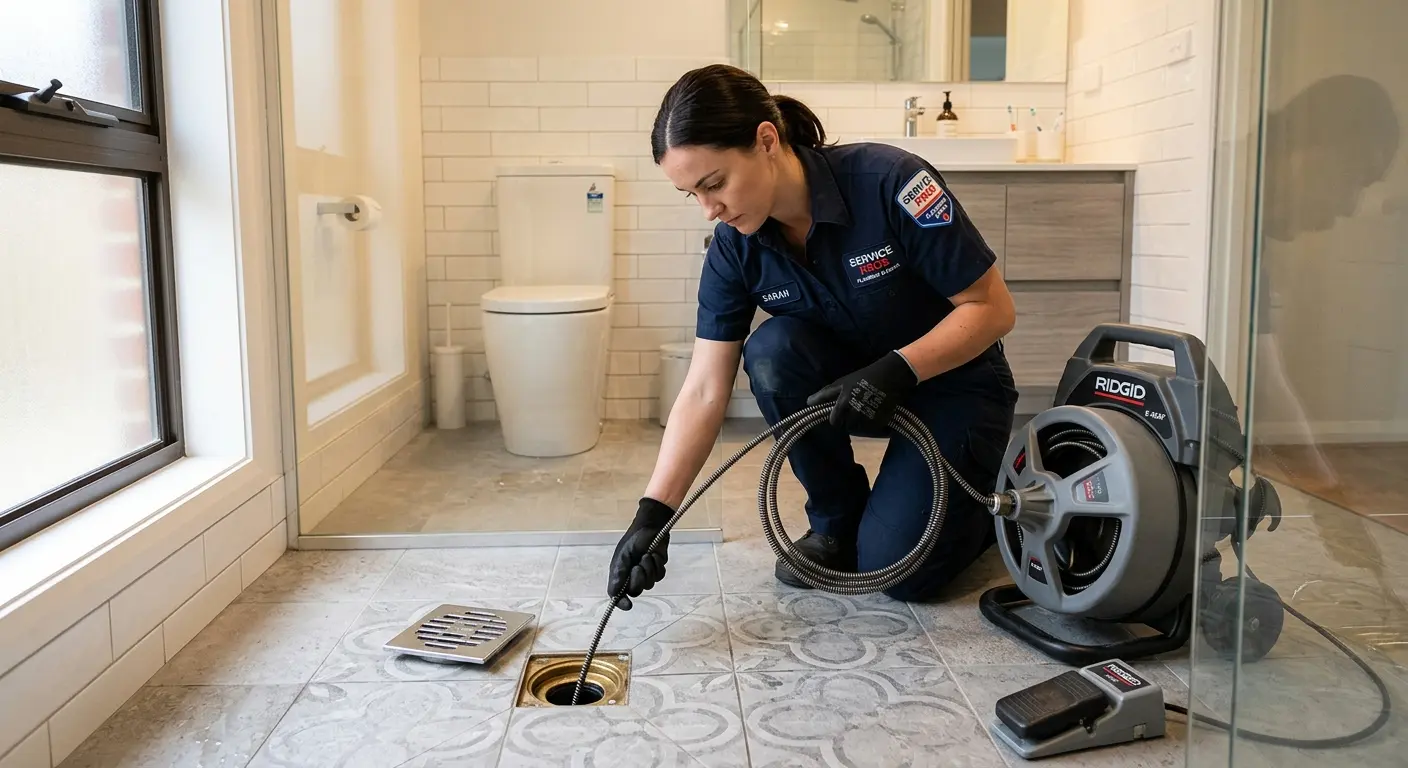 Technician clearing a bathroom floor drain for Drain Repair in Hanover